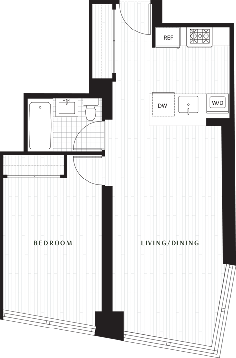 Floor plan for 1 bed, 1 bath, 682 sqft